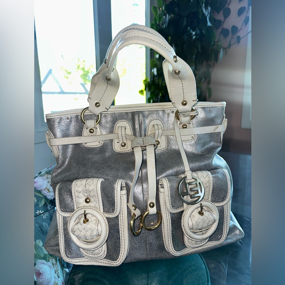 Elliot Lucca Metallic Silver & Cream Handbag Tote